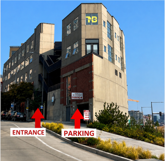 Building entrance and parking garage directions
