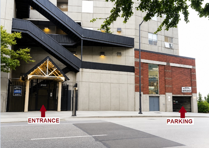 Street-level entrance and parking directions