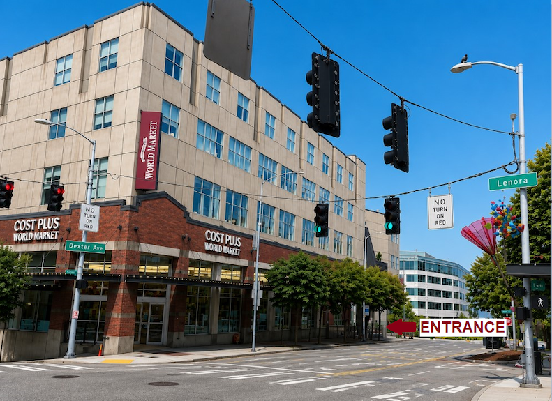 Northbound approach to the building entrance